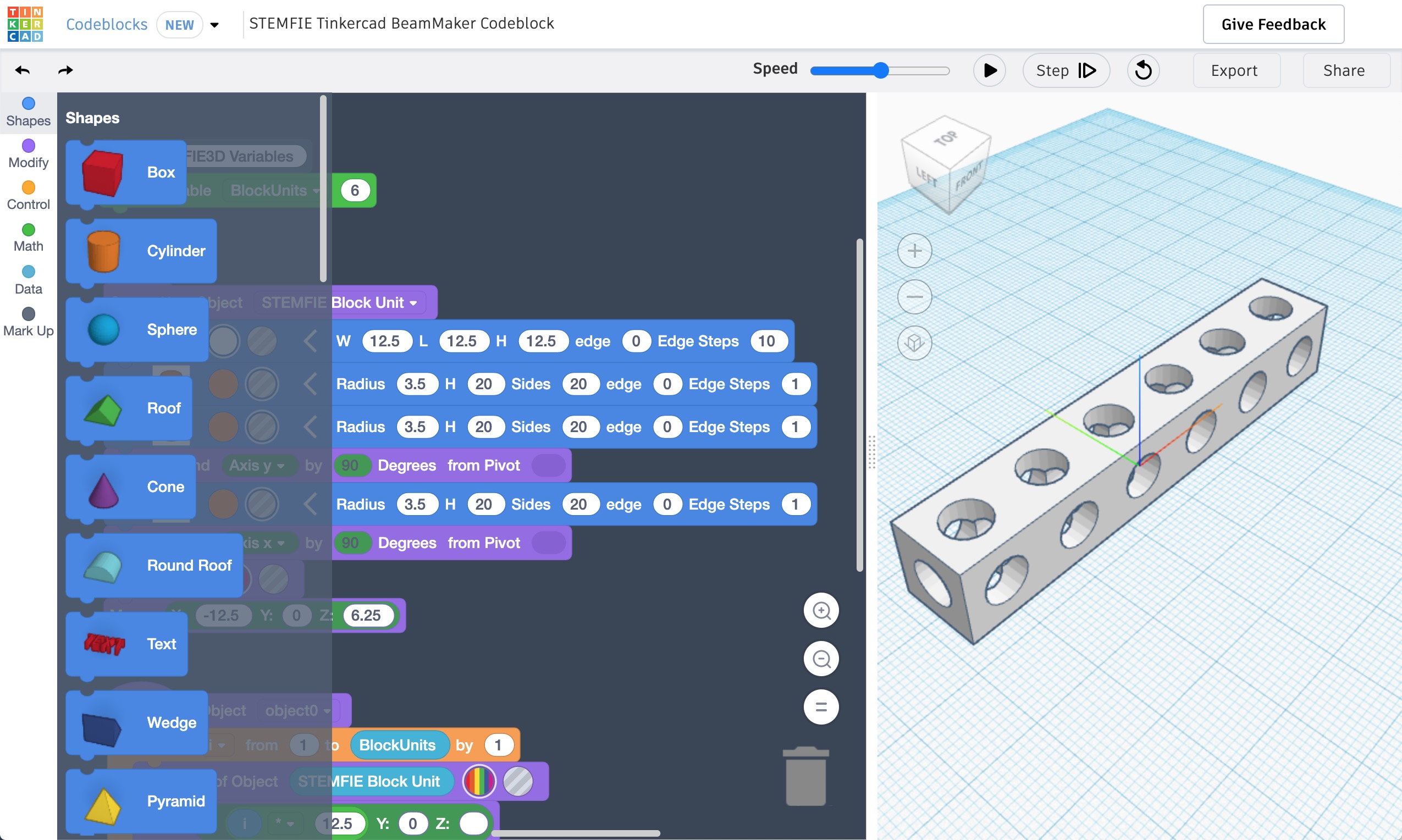 STEMFIE.org Tinkercad code blocks template scene screenshot